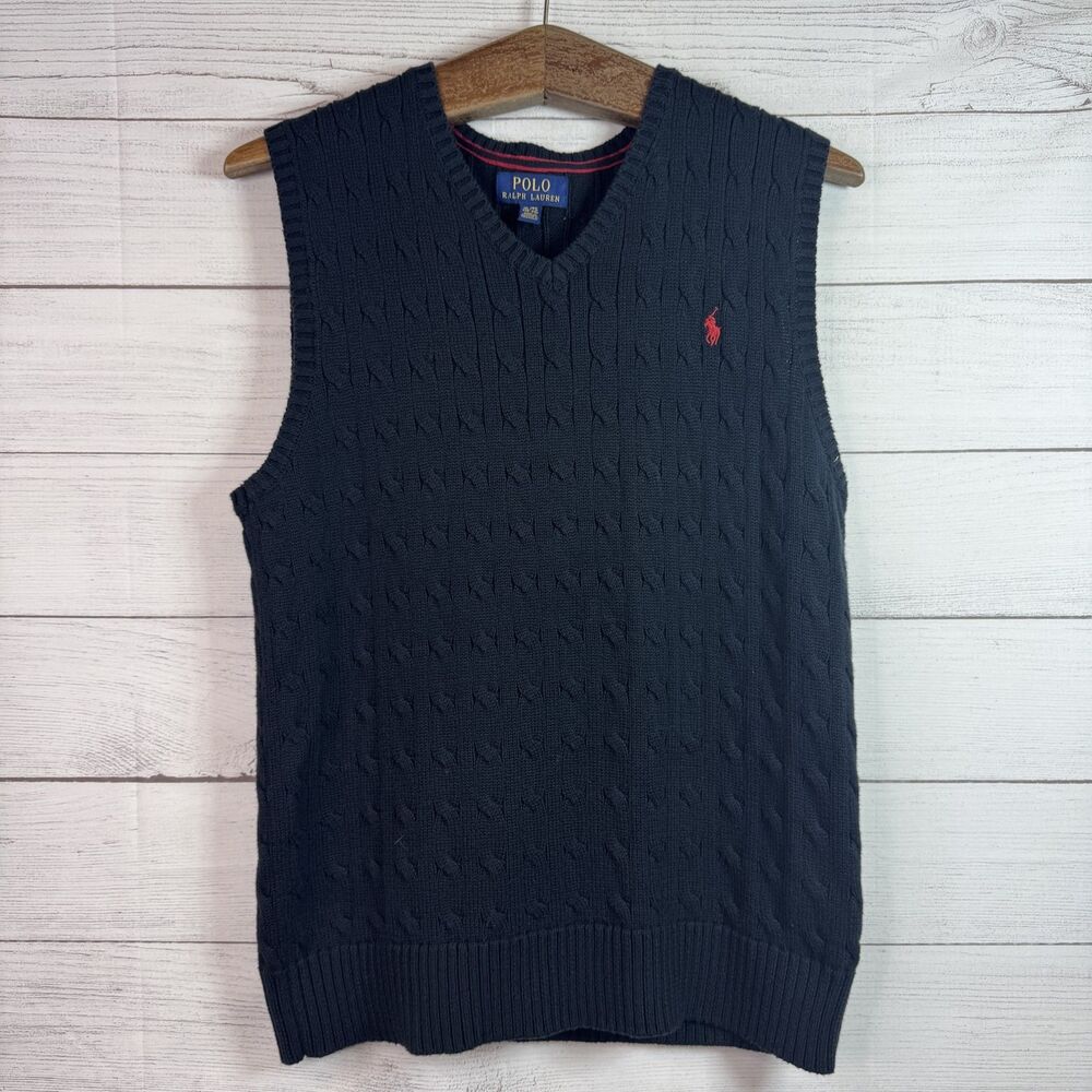 Polo Ralph Lauren Sweater Vest Youth Size XL (18-20) Navy Blue Cable Knit V Neck